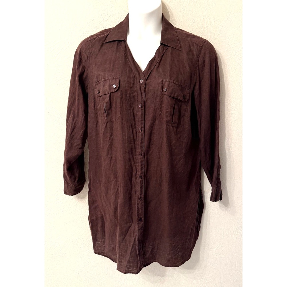 Talbot's Woman size 14W long tunic length 100% Linen button up brown
